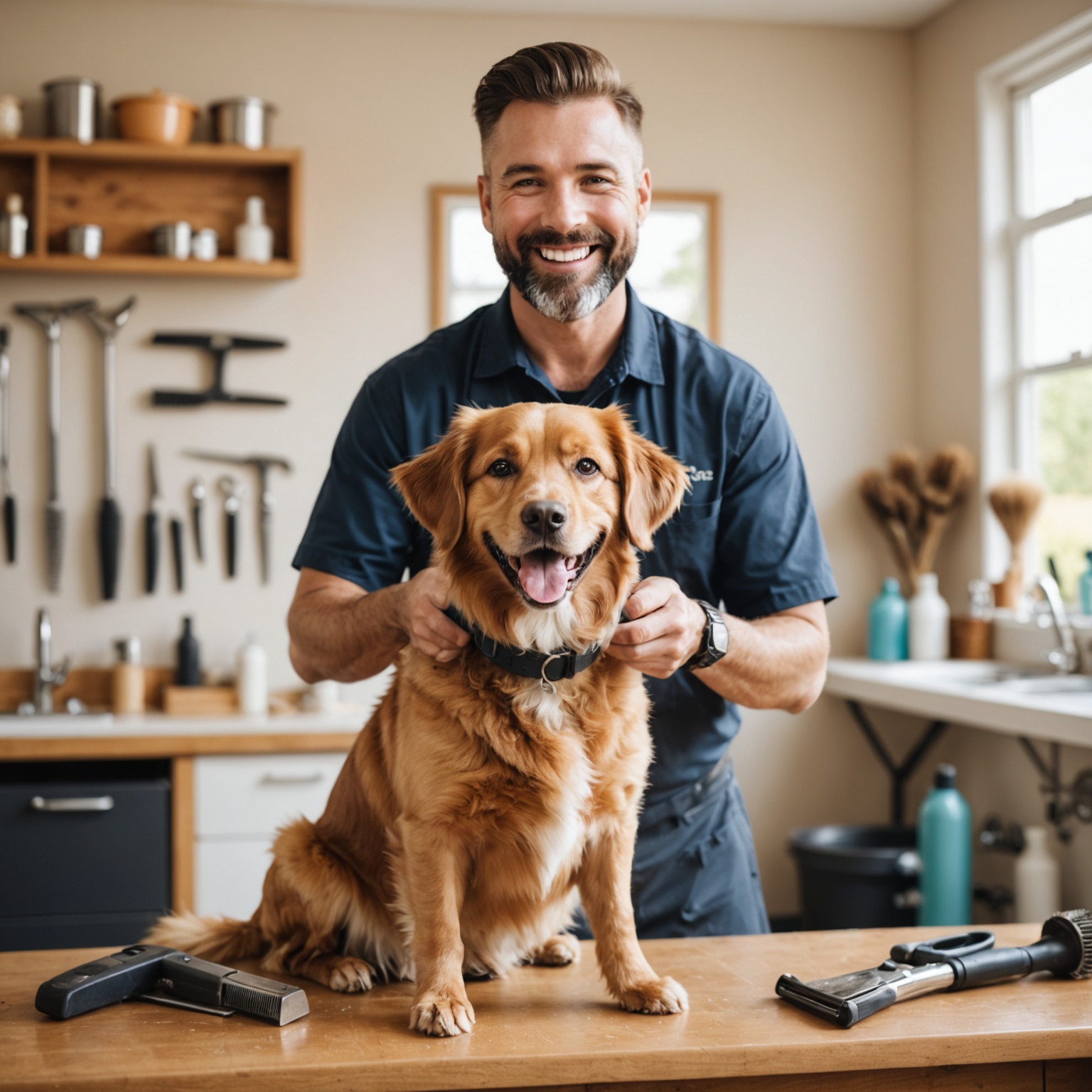 smiling groomer gently holding a happy dog with grooming tools in background